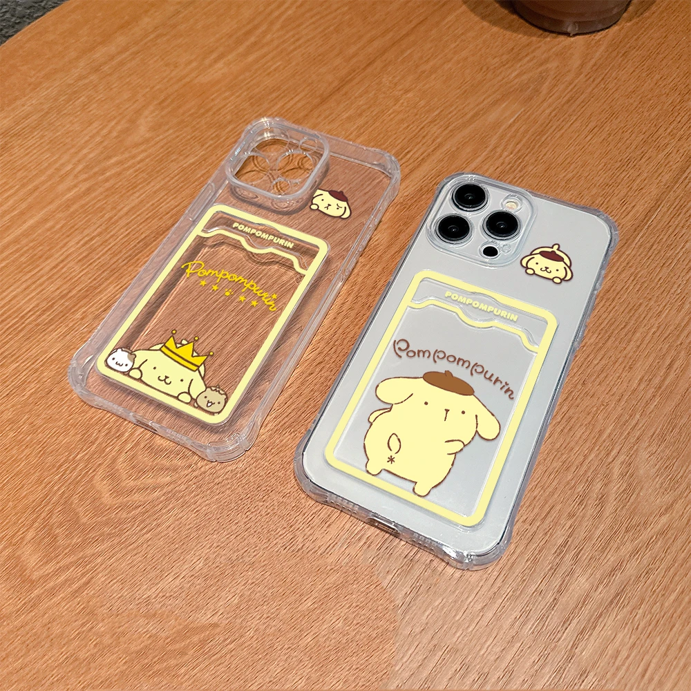 Cute Anime Pom Pom Purin Card Hold Case For iPhone 15 14 13 12 11 Mini Pro Max X XR XSMax 6S 7 8 Plus SE20 Anti-fall Clear Cover