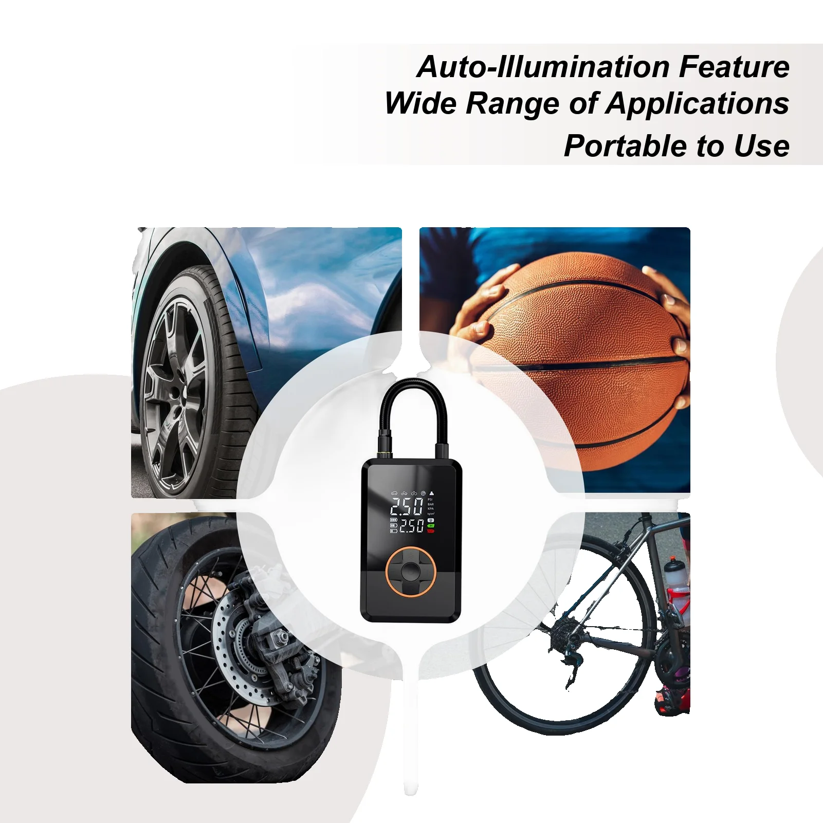 

Воздушный насос для автомобильных шин 130 PSI Накачка шин со светодиодной электрической баскетбольной воздушной насосом для автомобиля, велосипеда, автогрузовика, дорожного воздушного шара на открытом воздухе