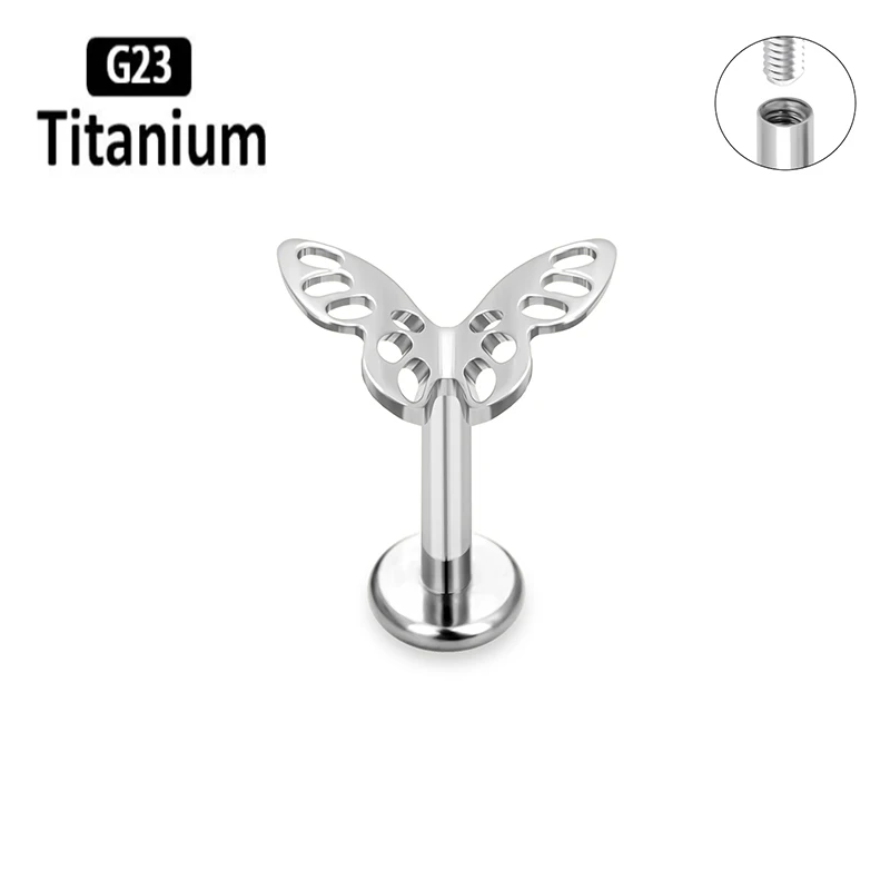 ASTM F136 Titanium Labret Piercing Butterfly Ear Studs Lip Ring Internal Thread Hand grinding Tragus Helix Earrings Body Jewelry