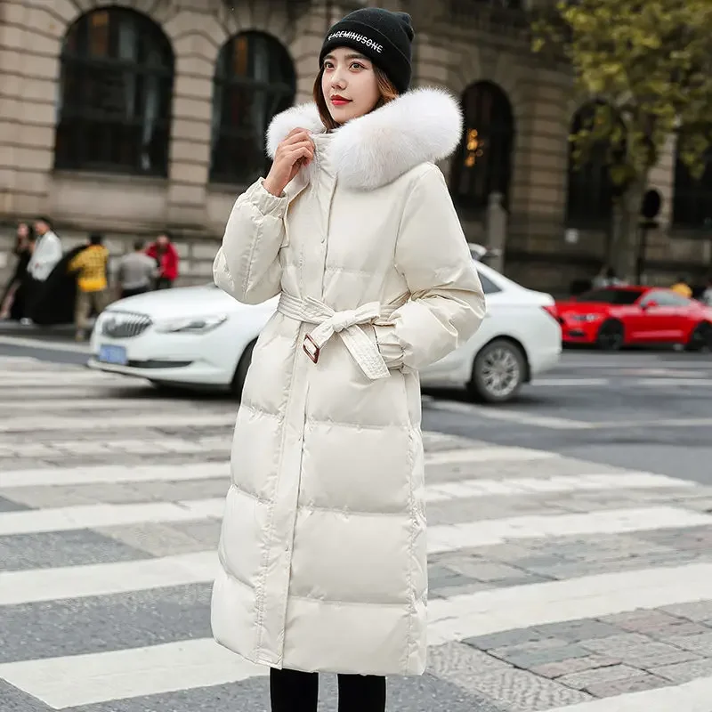 Women's 2024 Winter Fleece Collar White Duck Down Jacket for Mid Length Solid Color Waist Hooded Thick Warm Coat F329