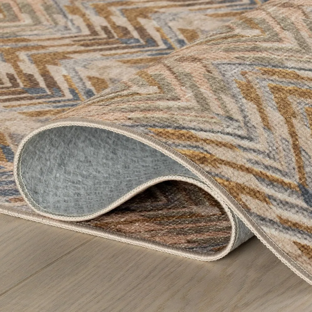 Natuurlijk bruin geometrisch patroon, machinewasbaar vloerkleed, 5x8 voet, duurzaam en gemakkelijk schoon te maken