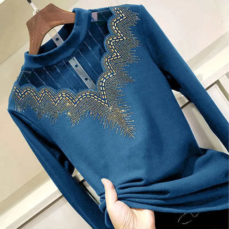 Autumn Winter Solid Color Long Sleeve T-shirt Vintage Fashion Hollow Out Gauze Spliced Round Neck Diamonds Tops Women\'s Clothing