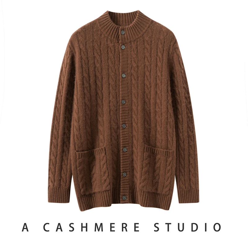 Men's 100% Cashmere Semi High Neck Cardigan Fashion Fried Dough Twists Knitting Jacket Winter Thickened Warm Coat Luxury Soft...