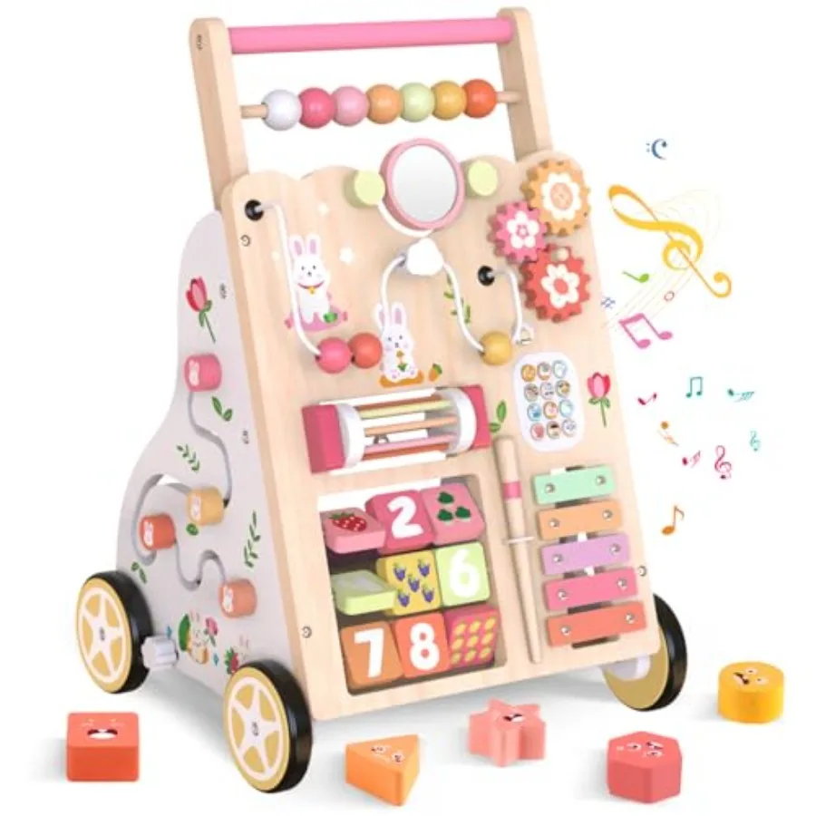 

Montessori wooden baby walker for toddlers 12+ months pink push toy with wheels adjustable height smooth speed control for safe