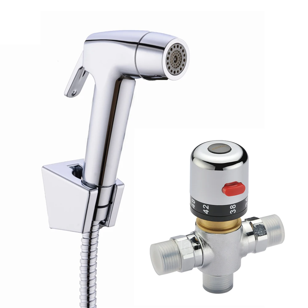 Thermostatic Bidet Mixer Valve Hand Held Spray Shower Set Shattaf Two Functions Bidet Sprayer Bathroom Bidets Jet Tap Douche Kit