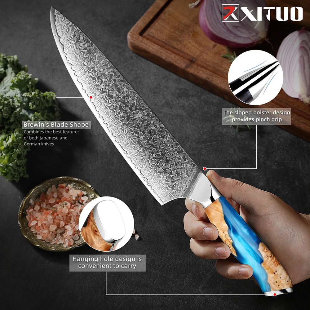 XITUO Damascus Kitchen Knife Set HighQuality 1-7PC Japanese VG10 Steel Chef Knife Cleaver Santoku Boning Fruit Knife Blue Resin