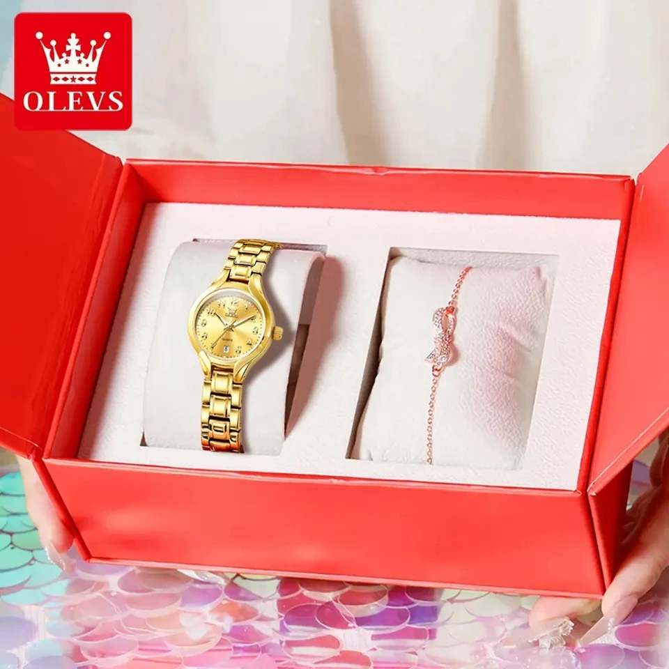 OLEVS 3650 Jam Tangan Kuarsa Wanita Kasual Elegan Jam Tangan Bercahaya Tahan Air Mewah Gelang Gaun Set Jam Tangan Ulang Tahun Valentine