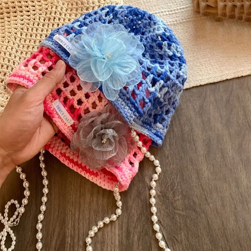الرجعية البوهيمي نمط الكروشيه شرابة قبعة صغيرة الجوف نسج زهرة البلوز قبعة الدوبامين اللون رقيقة القوس اللؤلؤ قبعة قبعة الفتيات