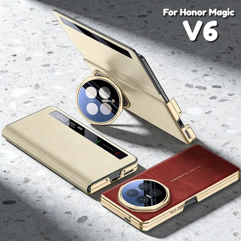 

LuxurySle Smart Window Auto Sleep Lychee Leather Case for Honor Magic V6 Magnetic Glass Camera Kickstand Full Body Protect Cover