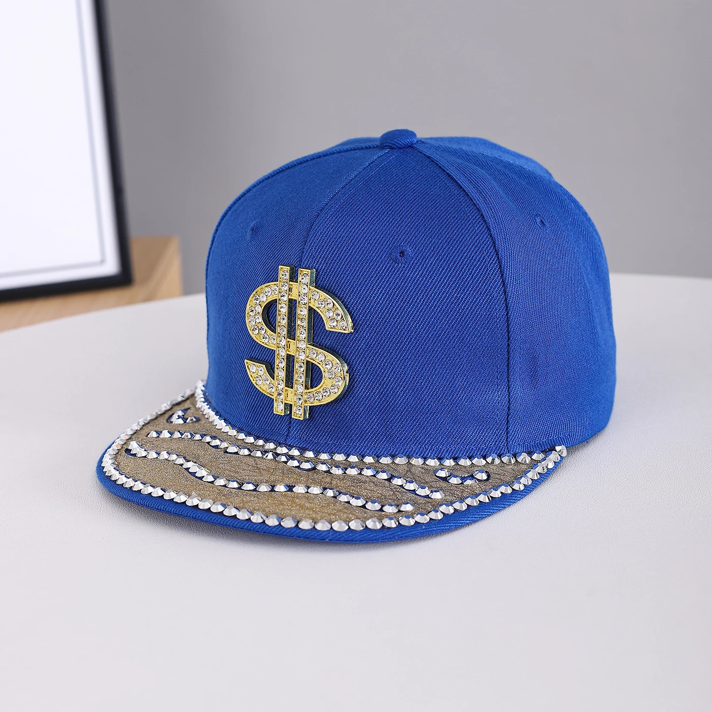 Hip-Hop Style Diamond-Studded American Flag Symbol, Wavy Water Droplet-Shaped Rhinestone Brimmed Flat-Brimmed Baseball Cap