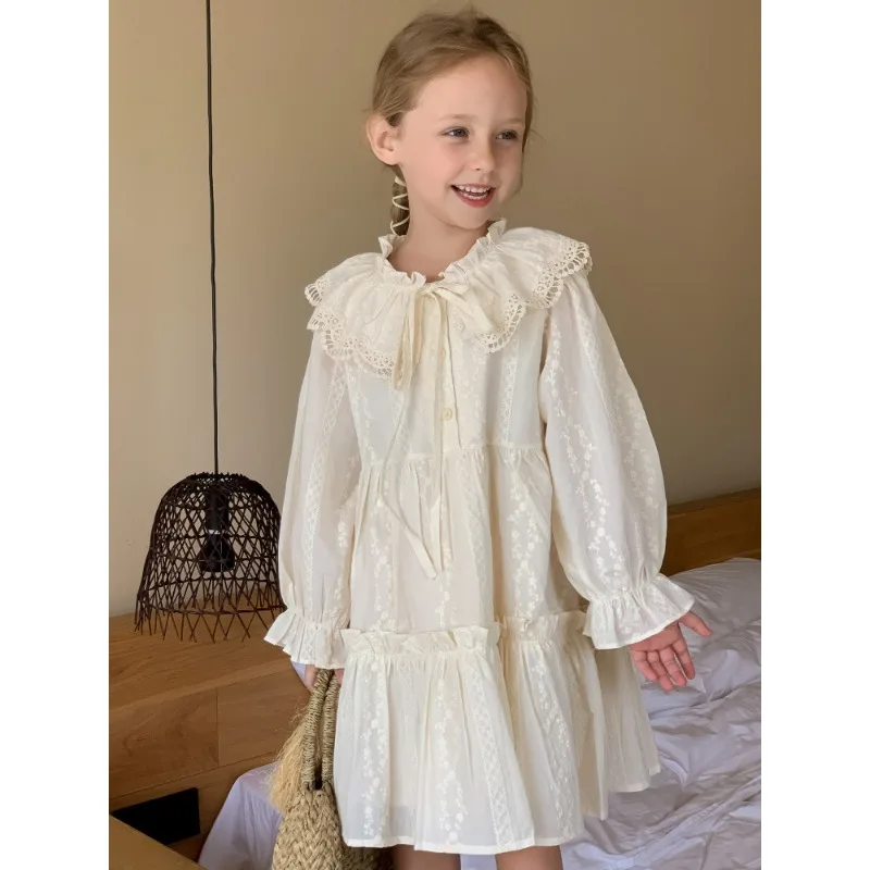 Girls Dress 2023 Spring Autumn Baby Lace Collar Dress Sweet Style Long Sleeved Princess Solid Color Casual Simple Sweet Dress