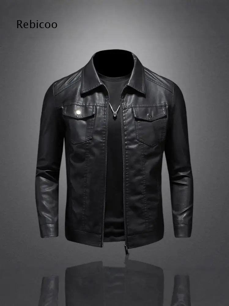 Turn Collar Faux Leather Jacket For Men Button Flap Pocket Design Suitable For Cool Weather Daily And Casual Outdoor Activities