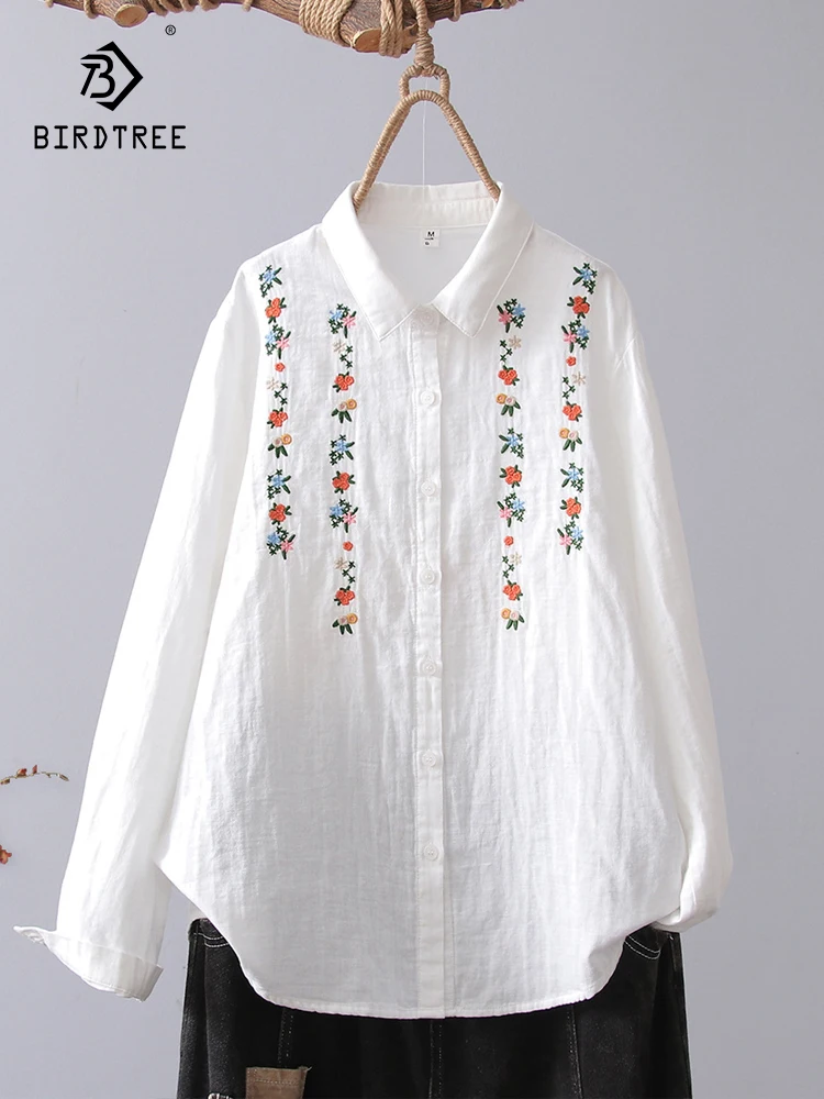 

New 2026 Spring Women Cotton Yarn Long Sleeve Shirt, Lapel Floral Embroidery, Mori Girl Versatile Soft Loose Blouse T62929CC