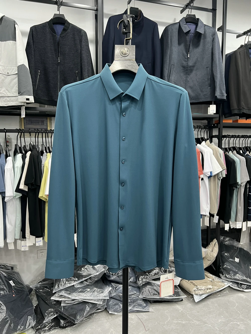 Dujia Seamless Long Sleeve Shirt Pure Color Business Casual Elastic Comfortable Smooth Easy Care Men's Button up Casual Shirt
