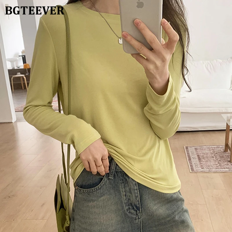 BGTEEVER Spring Autumn Cotton Loose T-Shirt Women Causal Knitted Long Sleeve Tee Shirts Female Loose Black White Tops