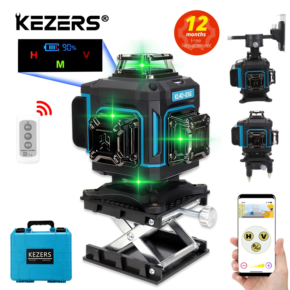 Kezers-exibir Nível Laser Verde Mala de Controle Remoto 16 Linhas 4d 360 Kl4d03g 4000mah Bateria Li-ion 1pc