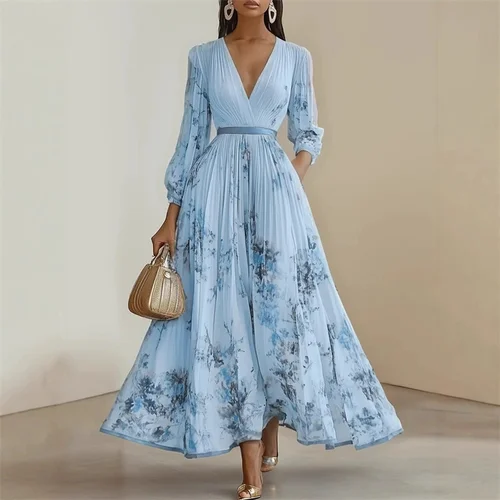Nuevo vestido elegante de primavera y verano para mujer, vestido Sexy con cuello en V estampado de manga larga con vuelo grande, vestido de vacaciones acampanado, vestidos Maxi para mujer, ropa