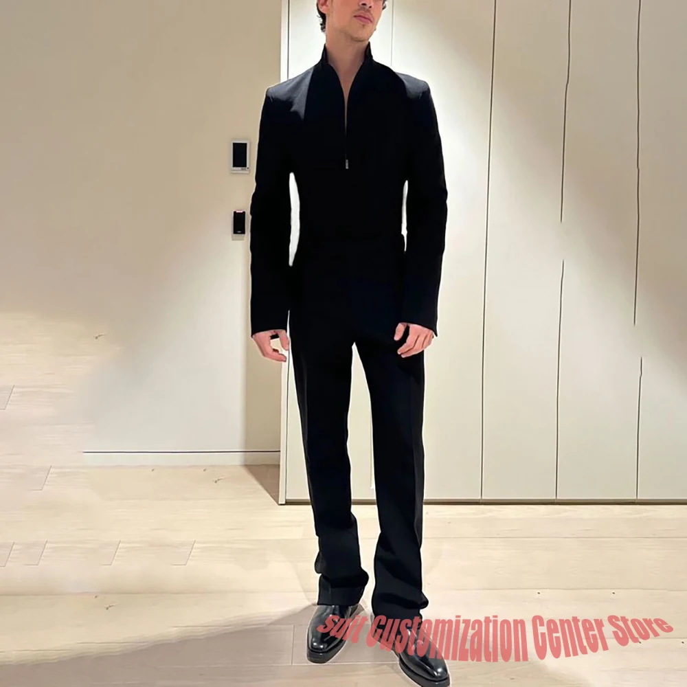 

Черные костюмы для мужчин, элегантный воротник-стойка на молнии, мужской пиджак + брюки, комплект, минималистичный облегающий формальный наряд для бизнеса и свадьбы