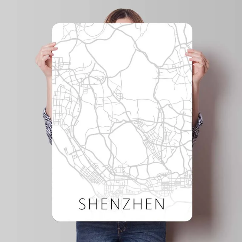 Shenzhen China City Map BW Metal Poster Wall Decor Living Room Decor Aesthetics Metal Tin Sign Plaque for Wall Art Decoration