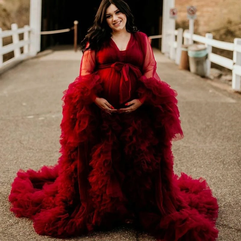 Red Maternity Prom Dress Robe Tulle Pregnant Photograph Pajams Sexy Sleepwear Bathrobe Custom Made Fluffy Tiered Party Gowns