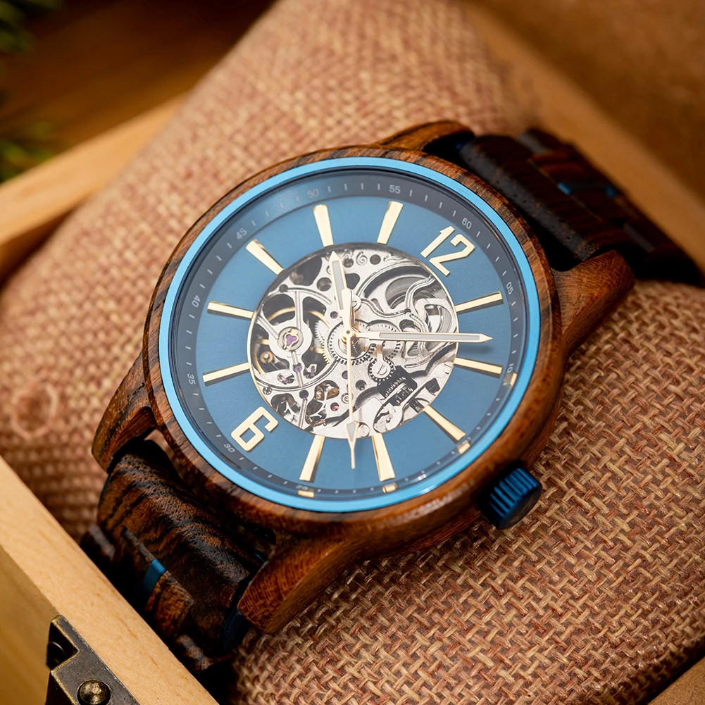 BOBO BIRD Wooden Automatic Mechanical Watch Men New Top Luxury Wristwatch Fashion Luminous Clock Great Gift Wood Box Custom Logo