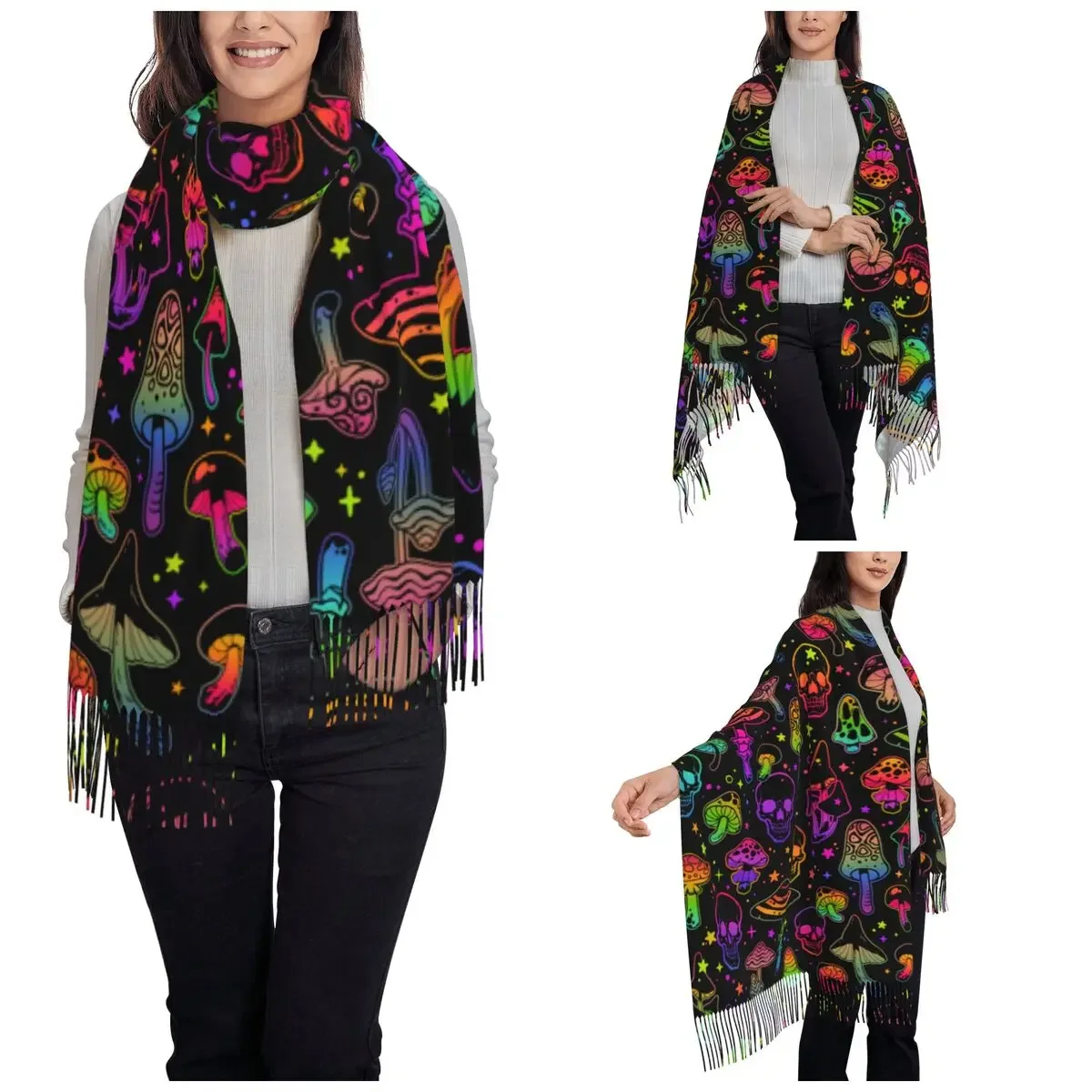 Psychedelic Mushrooms Shawl Wrap for Ladies Winter Warm Large Soft Scarf Skulls Pashmina Shawl Scarves