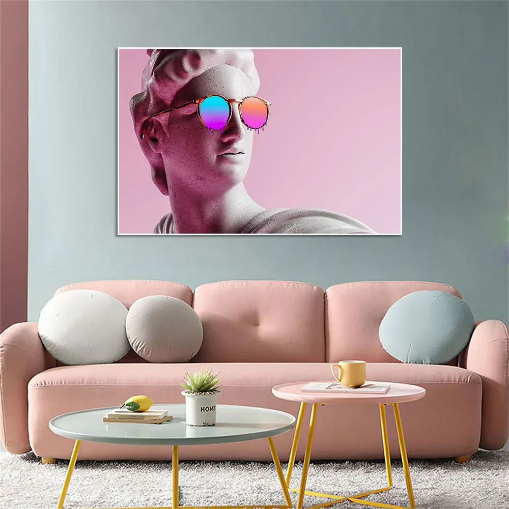 Apollo Statue in Sunglasses on Pink Poster Print Abstract Greek Mythology Roman Canvas Painting Wall Art Picture Room Home Decor