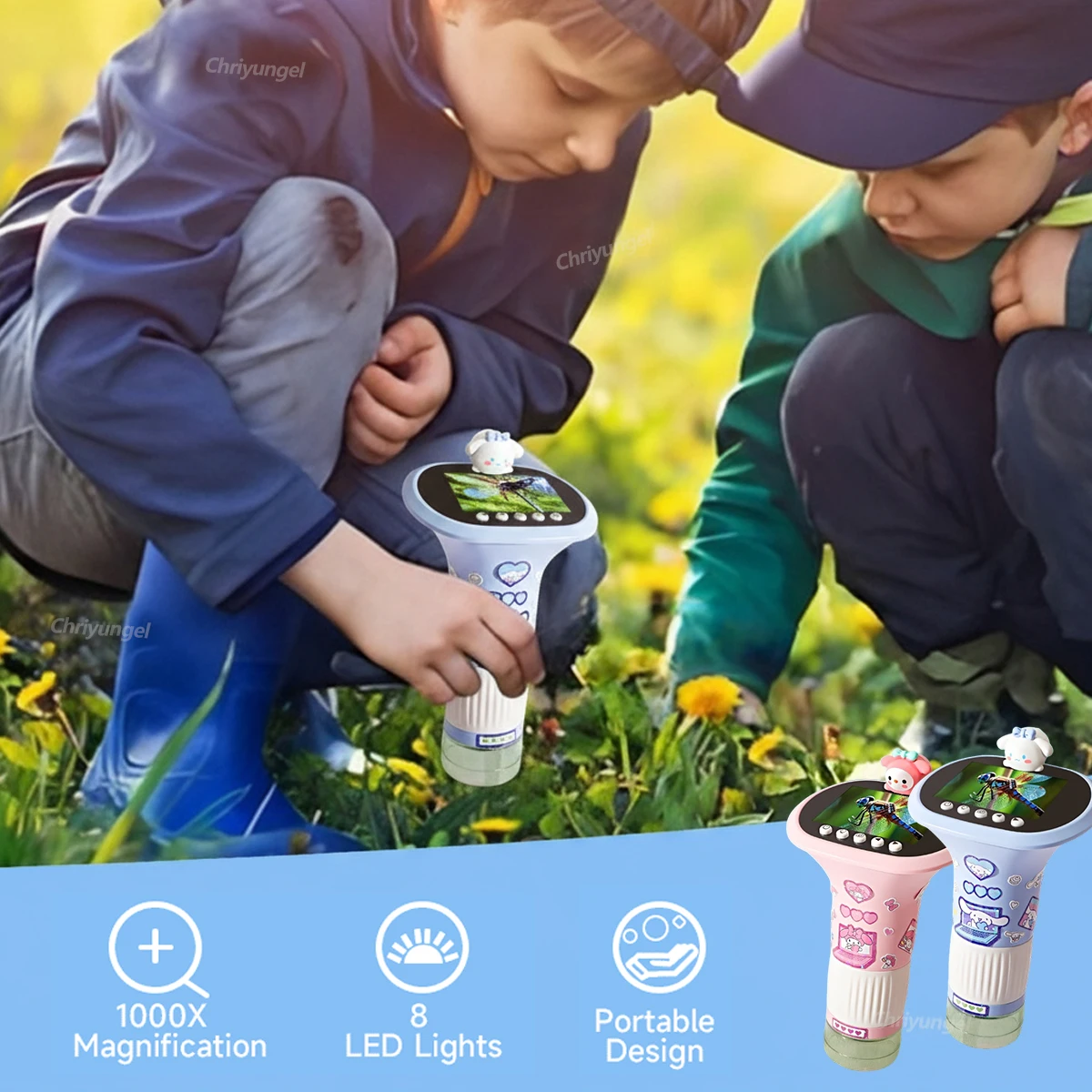 Chriyungel مجهر رقمي للأطفال 1000X مجموعة العلوم المحمولة مع مصباح ليد صور فيديو الجذعية ألعاب تعليمية صبي فتاة هدية