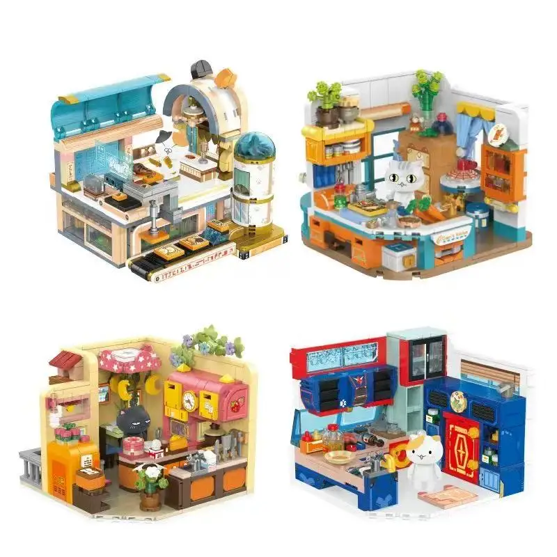 Children's play house creative building block toys, a group of cat kitchen series model assembly, children's birthday toy gift