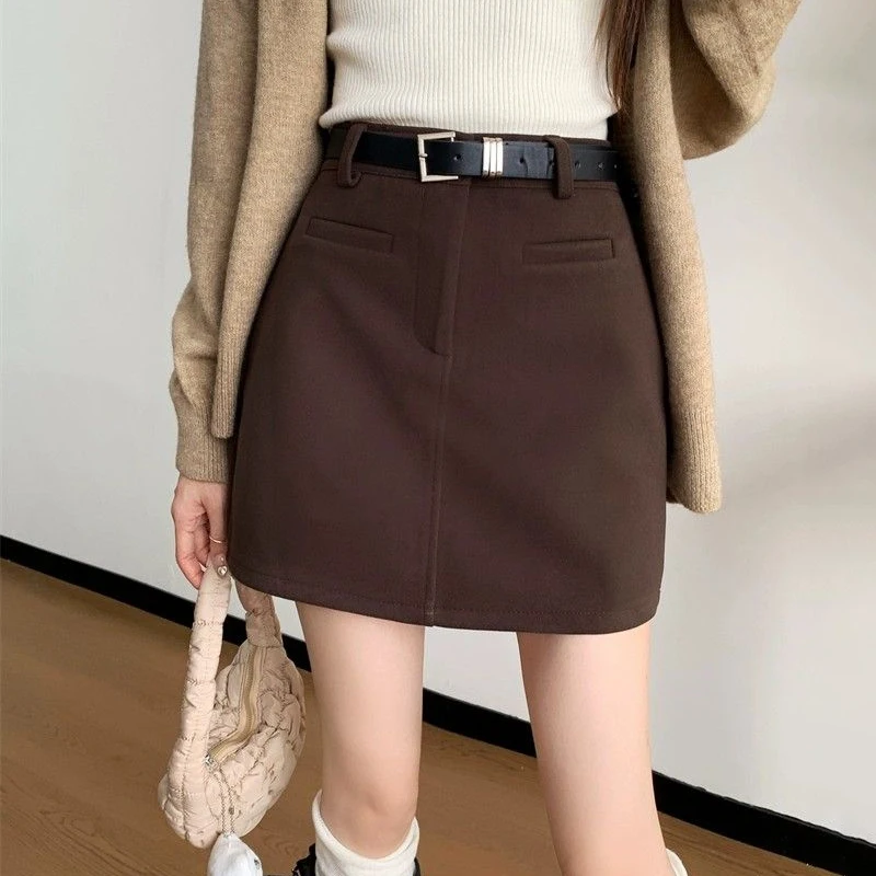 

Brown Mini Skirt Women Spring Autumn Hight Waist Office Ladies Tight Sexy Cargo A-line Skirt Female Korean Elegant