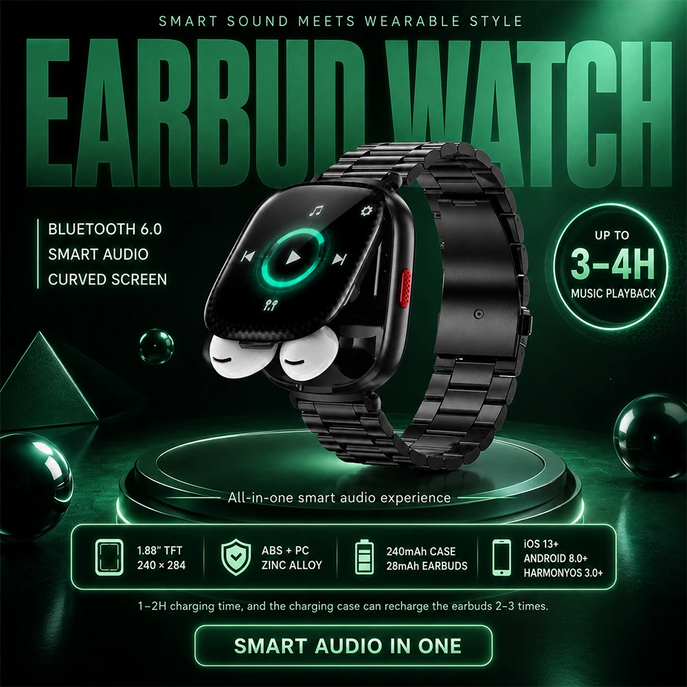 New Smartwatch with Built In Earbuds 1.88 Inch TFT Curved Display Bluetooth 6.0 All in One Wearable for Music and Everyday Use