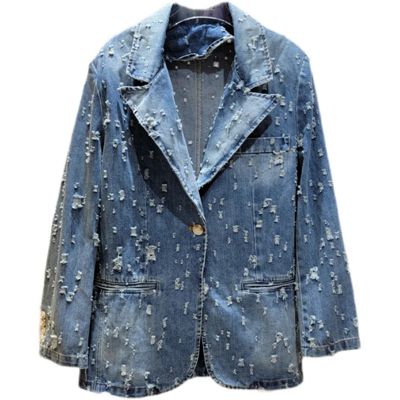 

Hole denim coat women's lapel blazer chaqueta mezclilla mujer