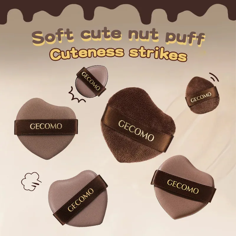 Zestaw 6 gąbek do pudru w kształcie orzeszków, gąbki do makijażu do stosowania na sucho i na mokro, z powierzchnią skórzaną, flokowane, miękkie, przyjazne dla skóry, do poduszki powietrznej.