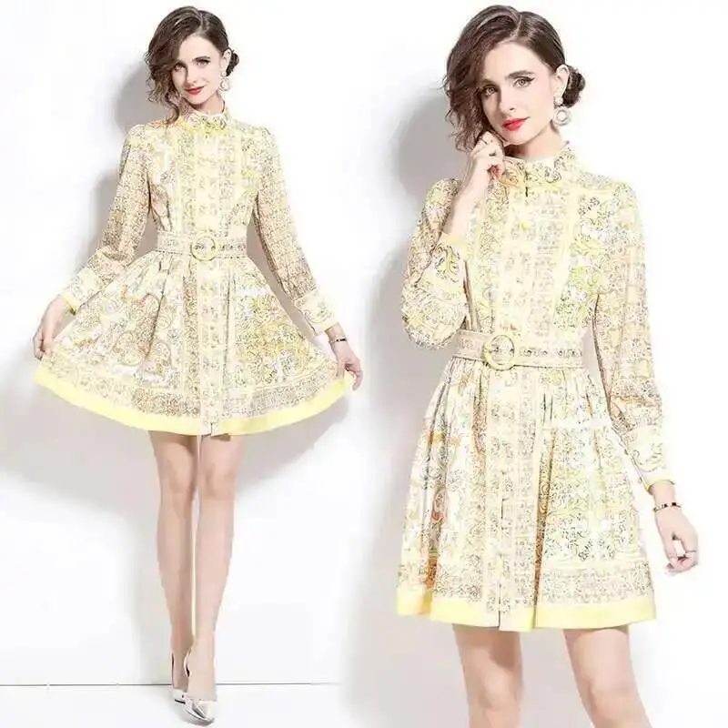 Runway 2025 Spring Golden White Porcelain Flower Short Dress Shirt Women\'s Summer Long Full Sleeve Print Party Vestidos