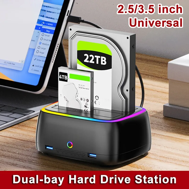 One Click Offline Copy Hard Drive Docking Station USB3.0 5Gbps Dual-bay HDD Enclosure RGB Lights Effect 2.5/3.5 Inch HDD/SSD Box