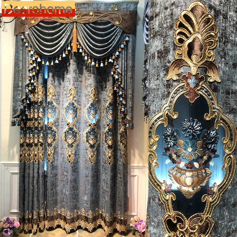 Customized European Blue Gray Embroidered Window Screen Jacquard Chenille Curtains for Living Room Bedroom Villa French Window