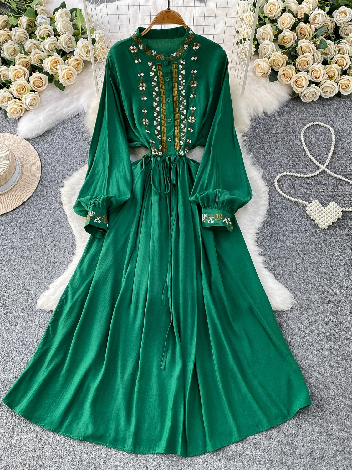 레트로 자수 라운드넥 드레스 여성 여름 허리끈 슬림 A - Ethnic Fashion Dress 리뷰 및 가격