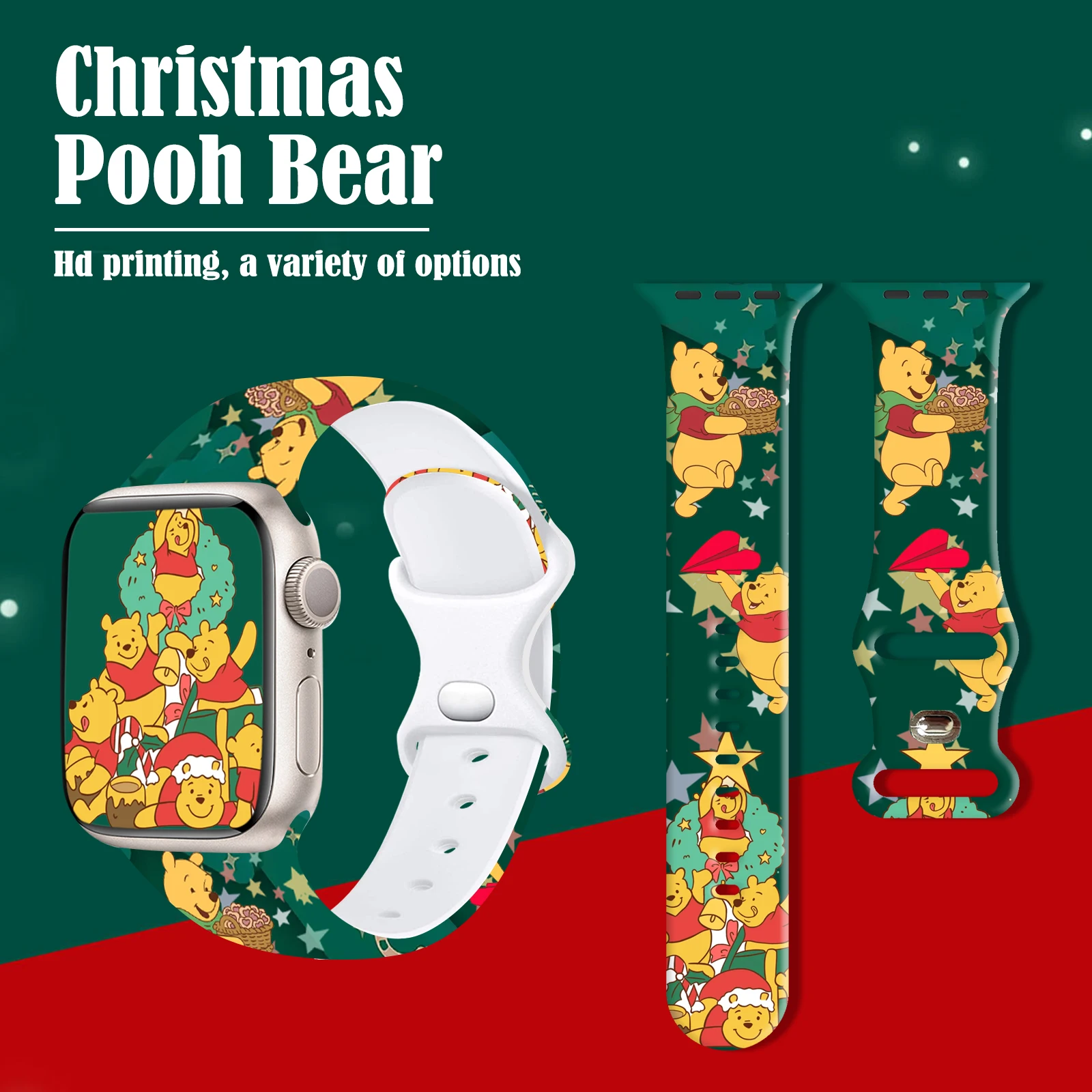 Natal pooh urso pulseira de silicone para apple watch 11 10 9 se impresso banda substituível pulseira para iwatch 46mm 45mm 42mm 41mm