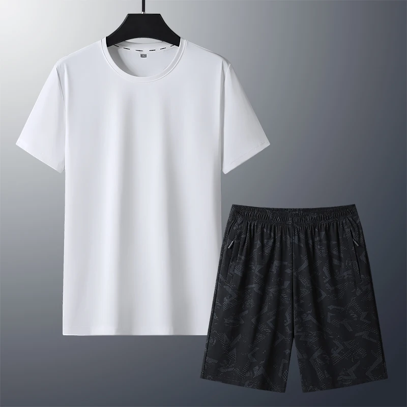 New Men'S Summer Ice Silk Short Sleeved Suit Cool Comfortable Short Sleeved Quick Drying Breathable Casual Sports 2-Piece Set