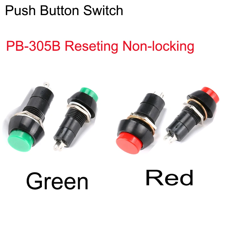 10Pcs 12mm PB-305B PBS-11B Reseting Non-locking 2pins Button Switch 250V/3A Roun Switch  Red Green