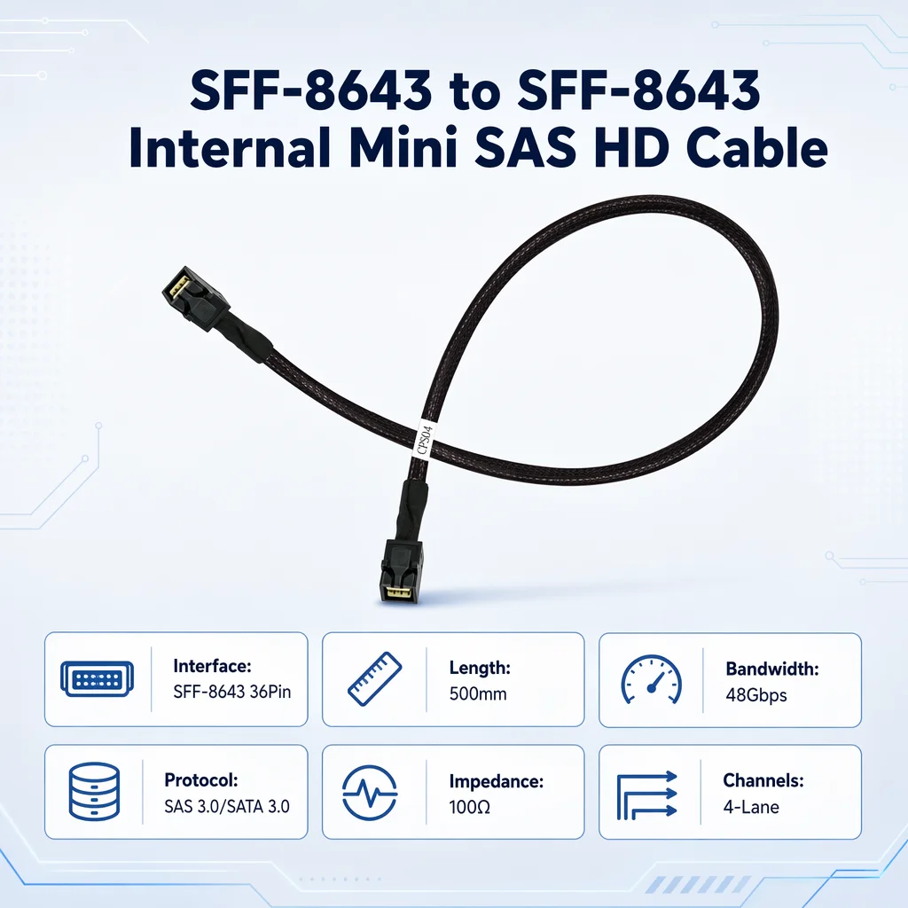 500mm SFF8643 Male To Male Mini SAS HD Cable 48Gbps High Speed Wire For NAS Workstation Storage Server Internal Connection