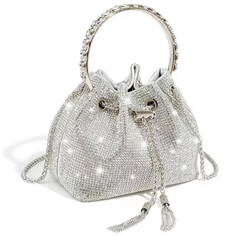 Rhinestone Bag Female Summer Full Diamond Bucket Bag 2024 New Diamond Tassel Handbag Senior Quality Oblique Handbag