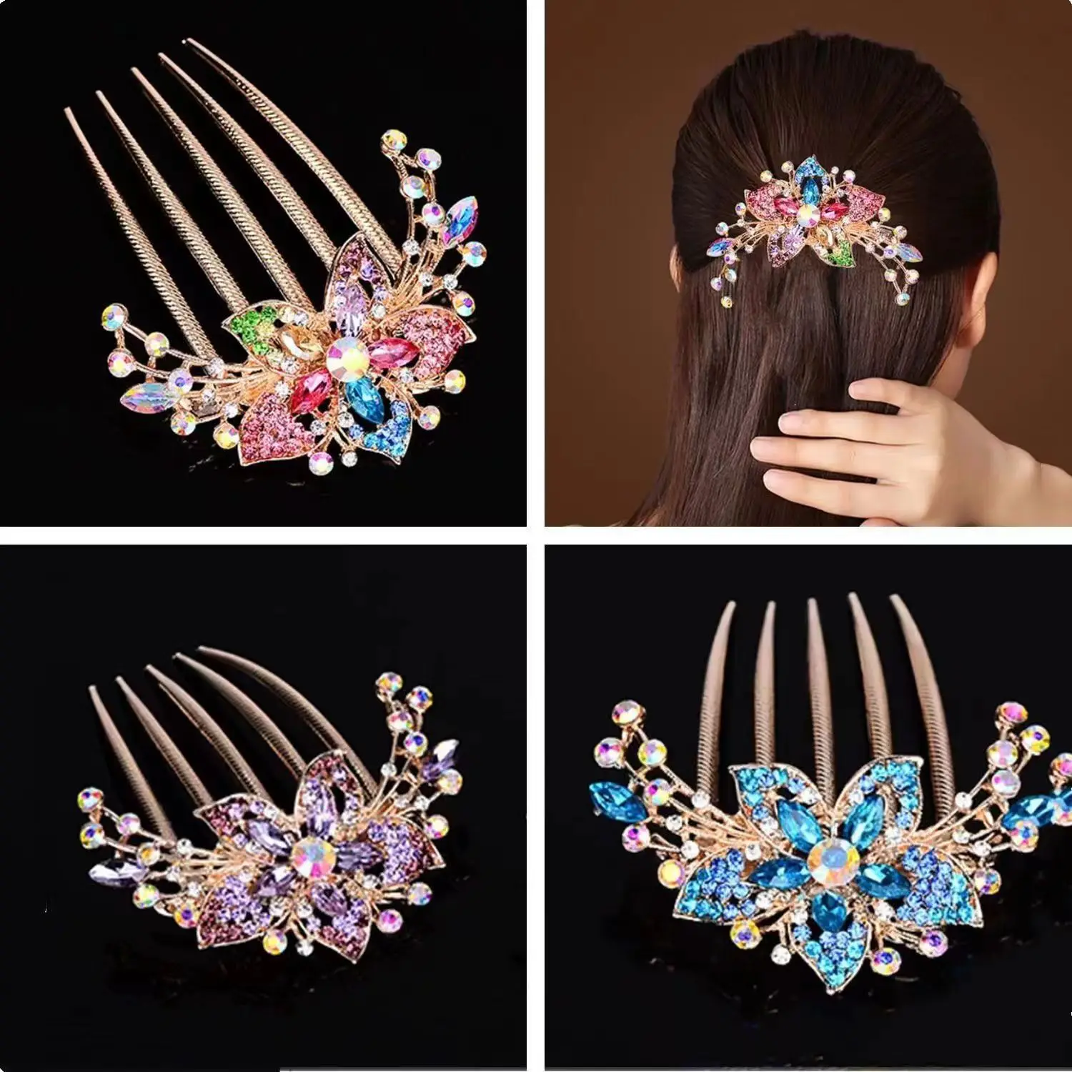 

2024 Fashion Alloy Crystal Rhinestone Vintage Flower Crystal Hairclips Hair Combs Shiny Hairpins Gift Hair Comb Plate Hair Clip