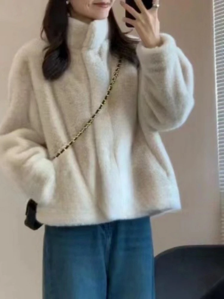 Luxo high-end falso pele de vison jaqueta inverno quente chique casaco de pele feminino bolso manga longa cardigan macio roupas femininas tendência