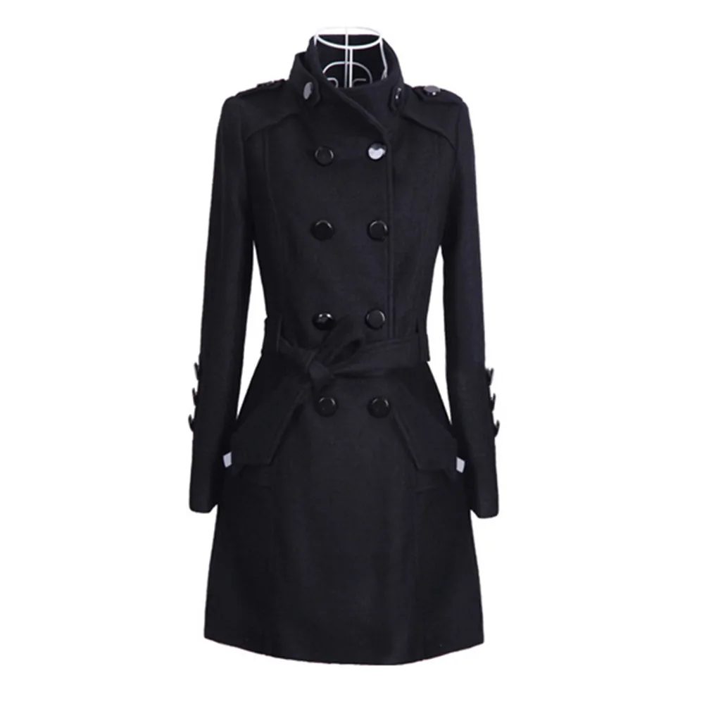 Elegant Women Trench Coat Fall Winter Korean Lapel Double-Breasted Jacket Midi-Length Windbreaker Black Wool Coat With Waistband