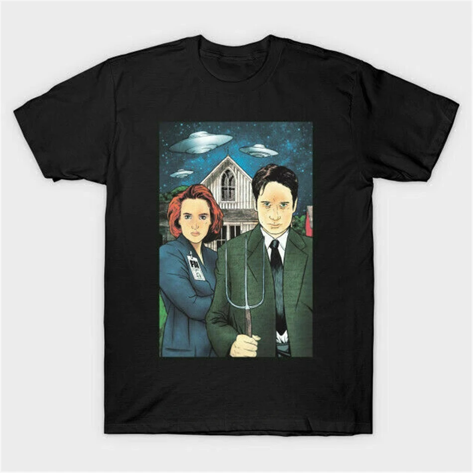 Fox Mulder Dana Scully The X-Files American Gothic Parody Black T-Shirt Men Casual O-neck Cotton TShirt Funny Tees Clothing