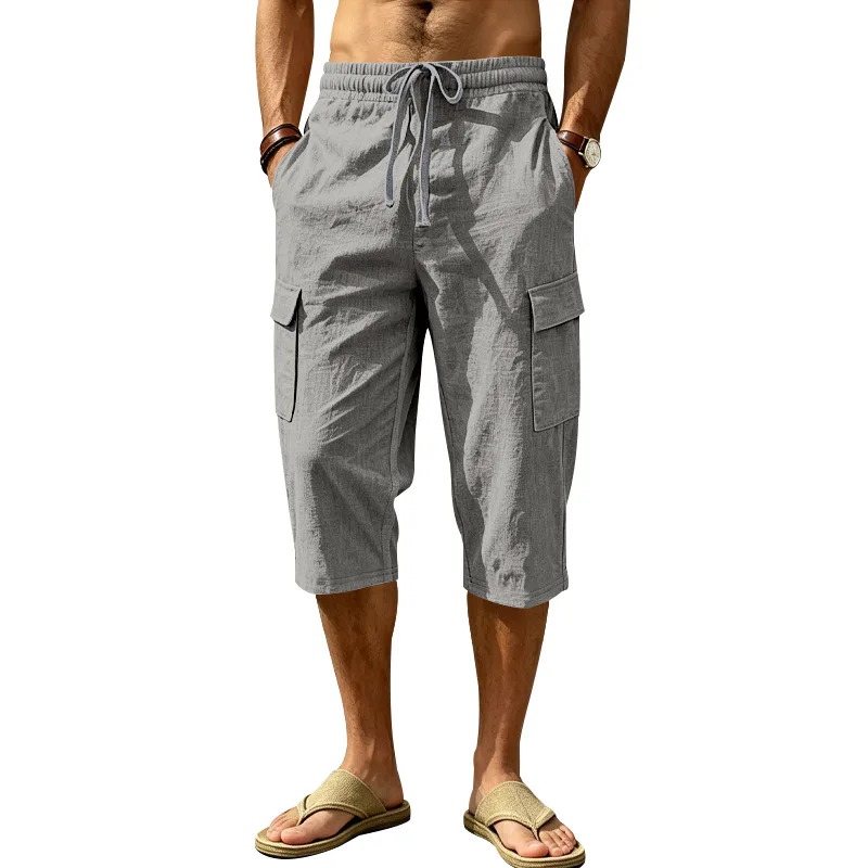 Europäische und amerikanische Sommer-Shorts aus Leinen für Herren, lässig, Outdoor, Arbeitskleidung, Pendler, Sport, Multi-Pocket, 7/8-Länge – Detail 37