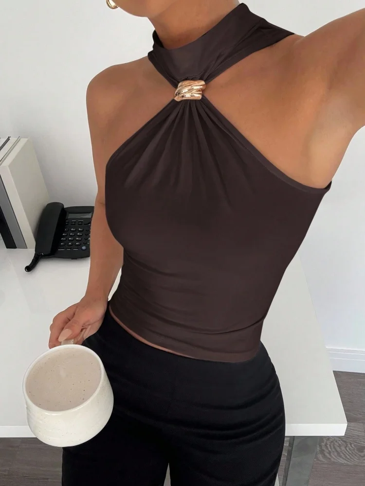 Metal Ring Decor Twist Knot Sleeveless Tank Top For Women Summer Casual Elegant Office Style Halter Neck Slim Fit Crop Top