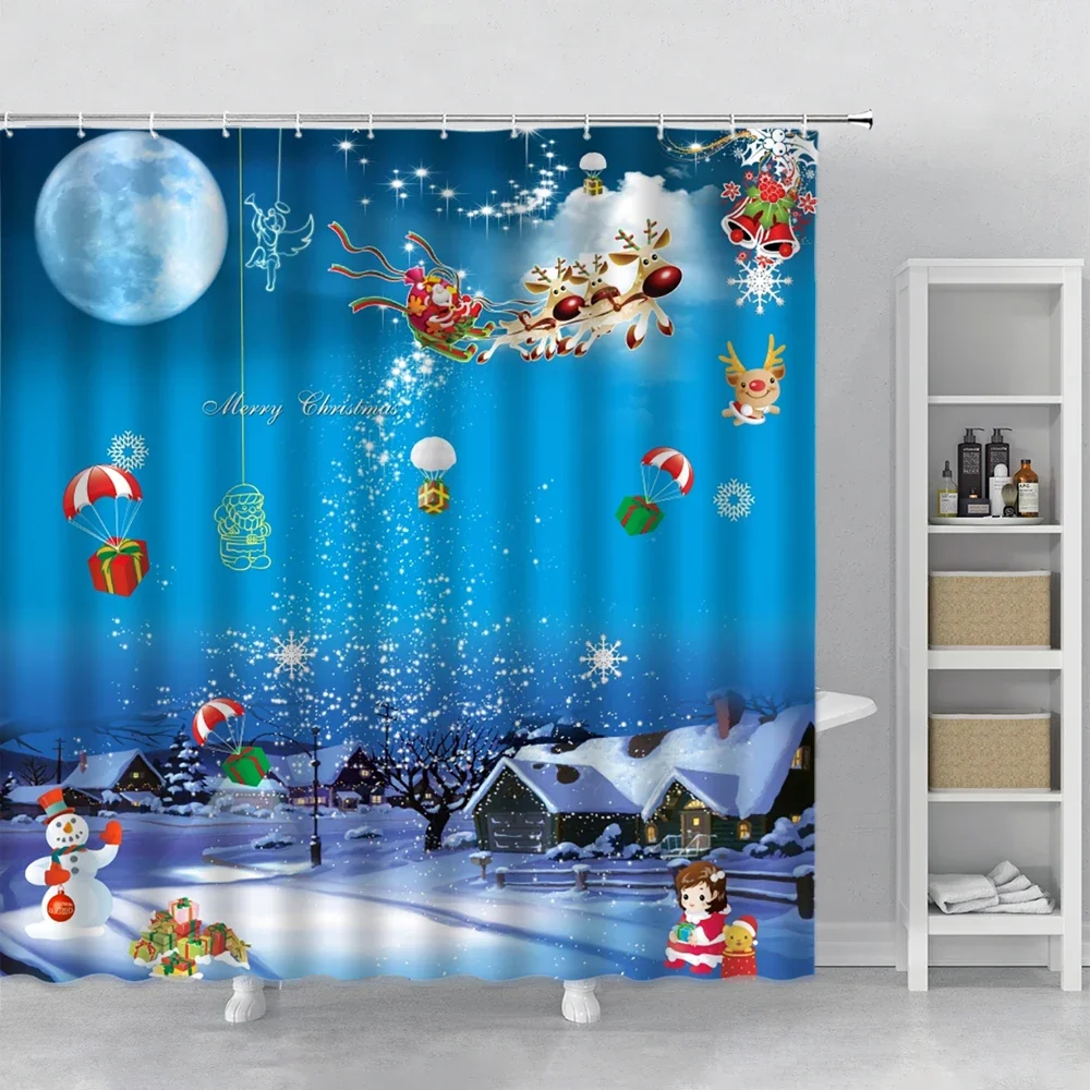 Cartoon Christmas Shower Curtains Snowman Santa Claus Elk Snow Scenery New Year Decor Wall Covering Bathroom Waterproof Curtain