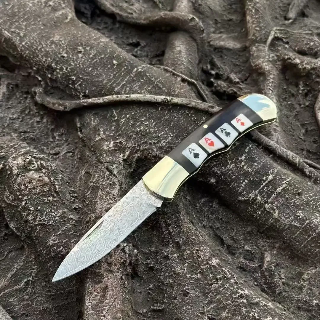 

Ebony Wood+White Butterfly Shell CNC Damascus Steel / 440C Stainless Steel Folding Blade Knife Carved Inlay Handle Outdoor Knife